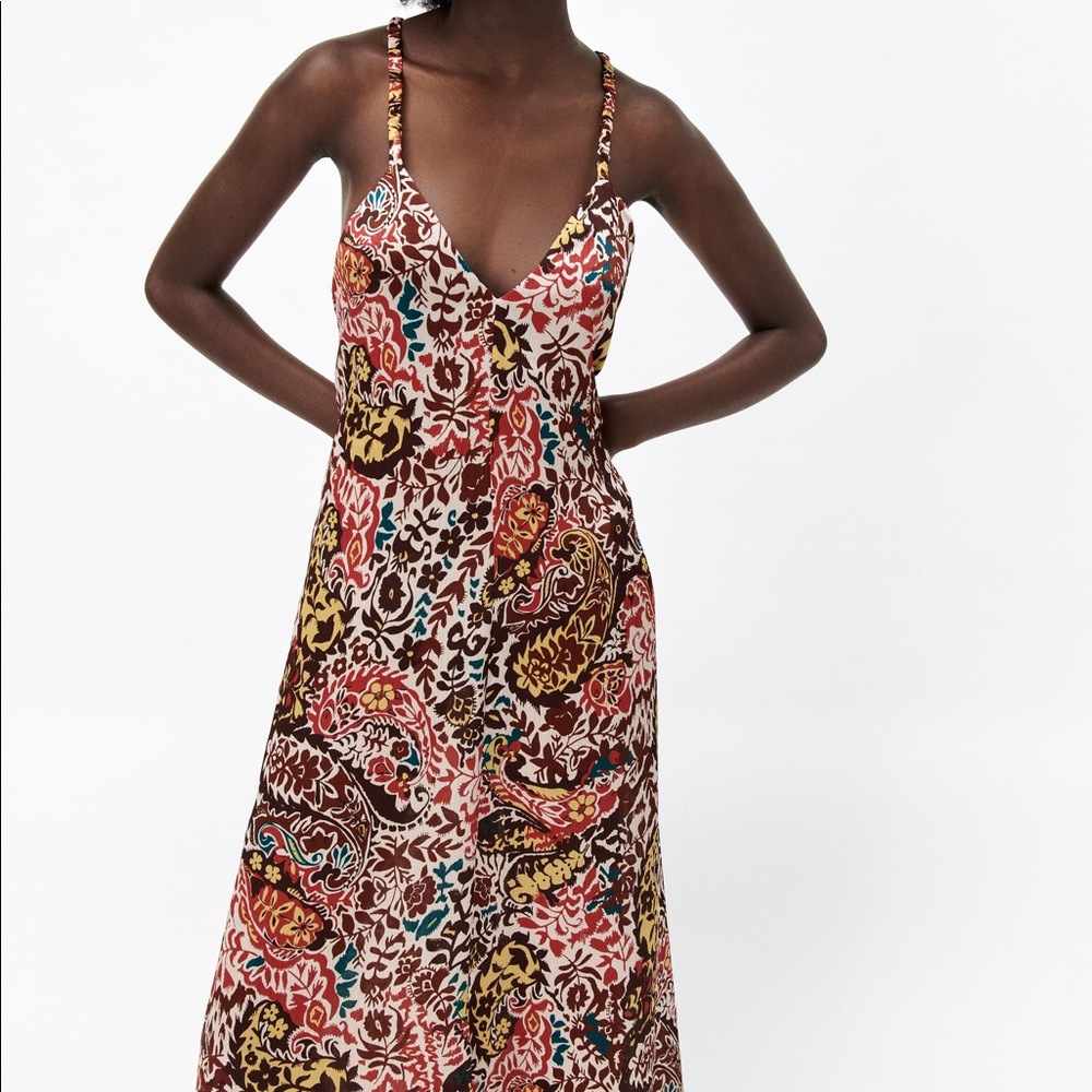 NWT Zara Red Print Bordeaux / Ecru Casual Maxi Dress